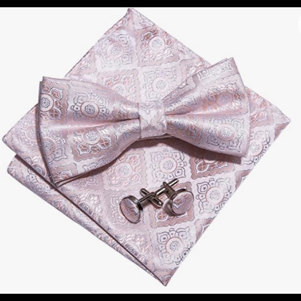 Prom Wedding Pink and Silver bow tie, pocket square, cuff links.